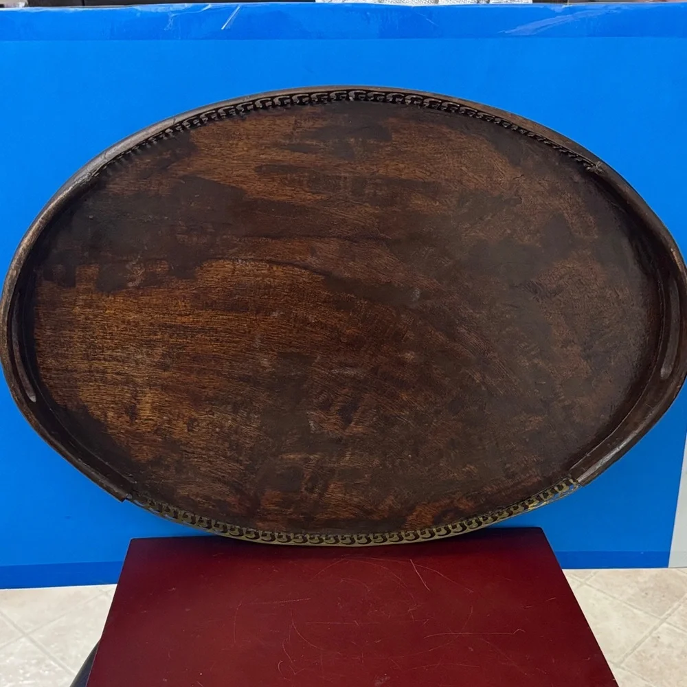 MCM Art Deco Style Large 23.5”x 16” Oval Decorative Rail Edge Wooden Tray